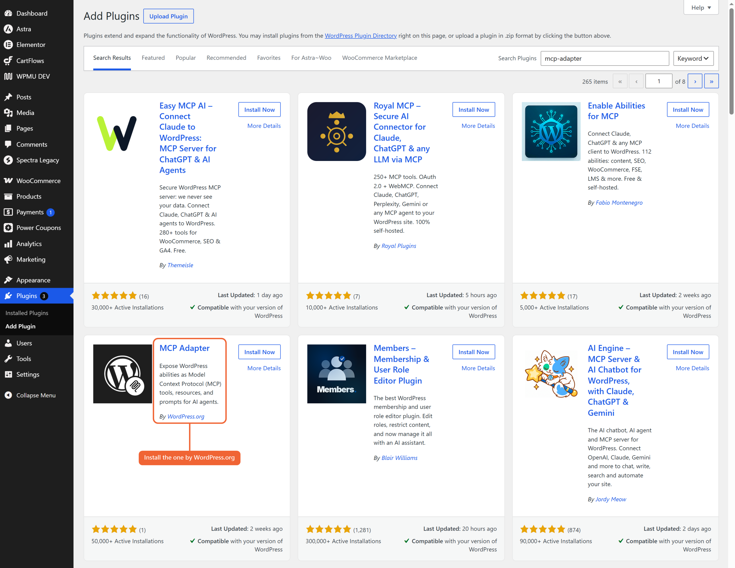 MCP Adapter plugin by WordPress.org in the Add Plugins search results