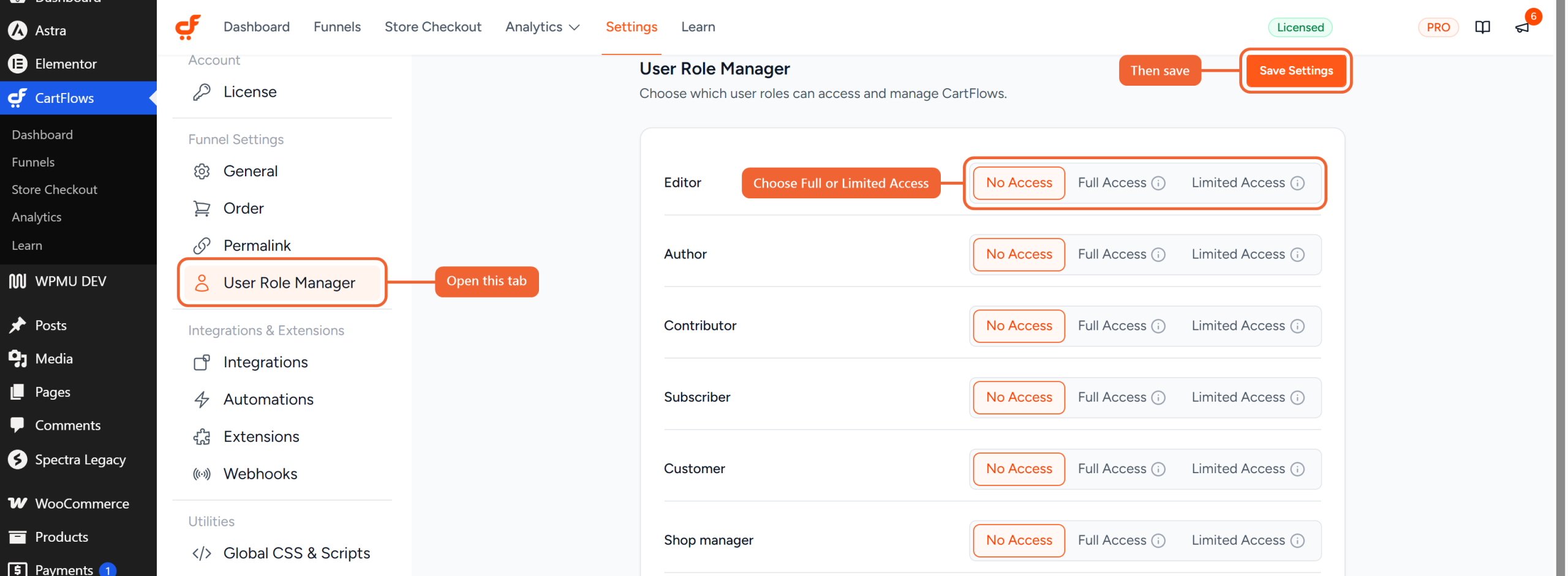 User Role Manager tab in CartFlows Settings