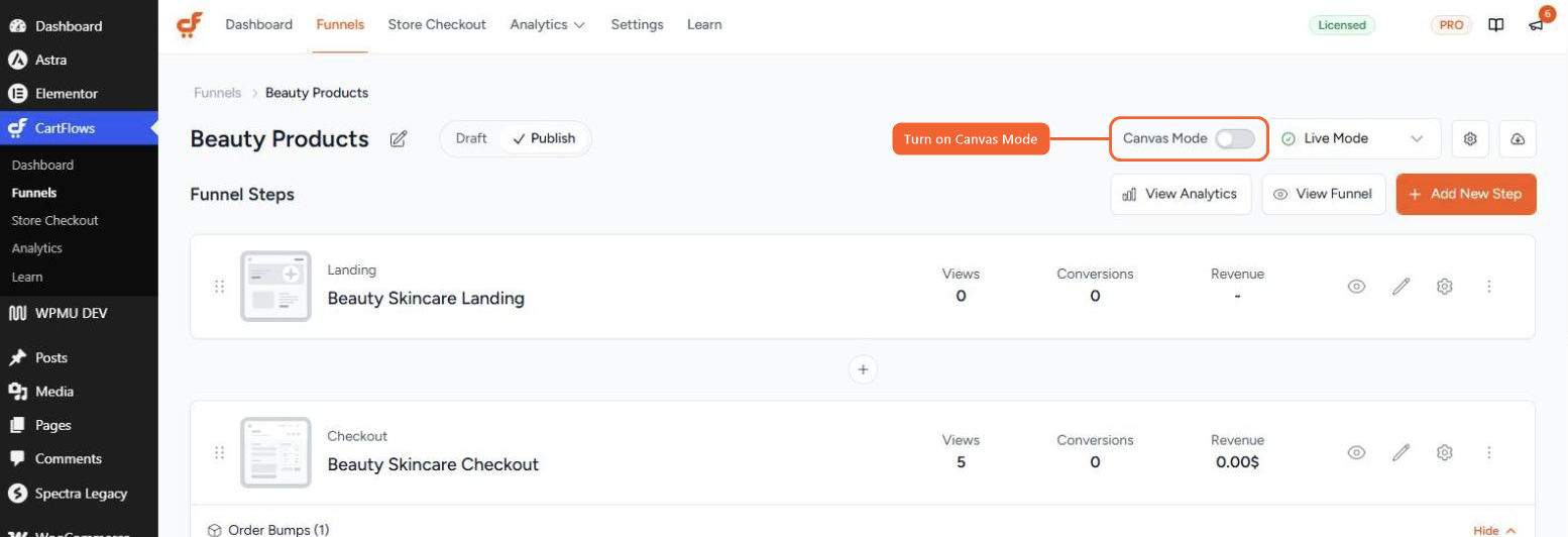 The Canvas Mode toggle at the top right of the funnel editor, shown off in the list view