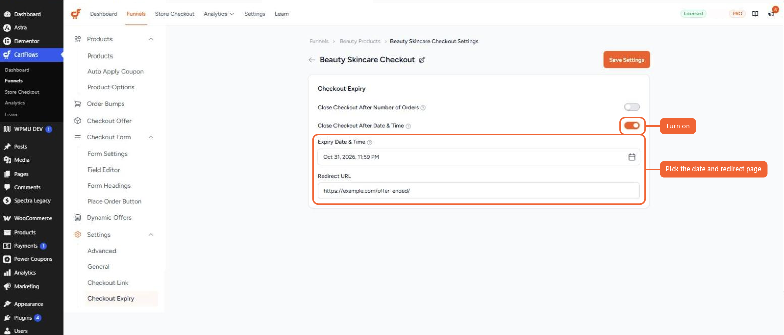 The Close Checkout After Date & Time option turned on, with an expiry date, time and redirect URL filled in