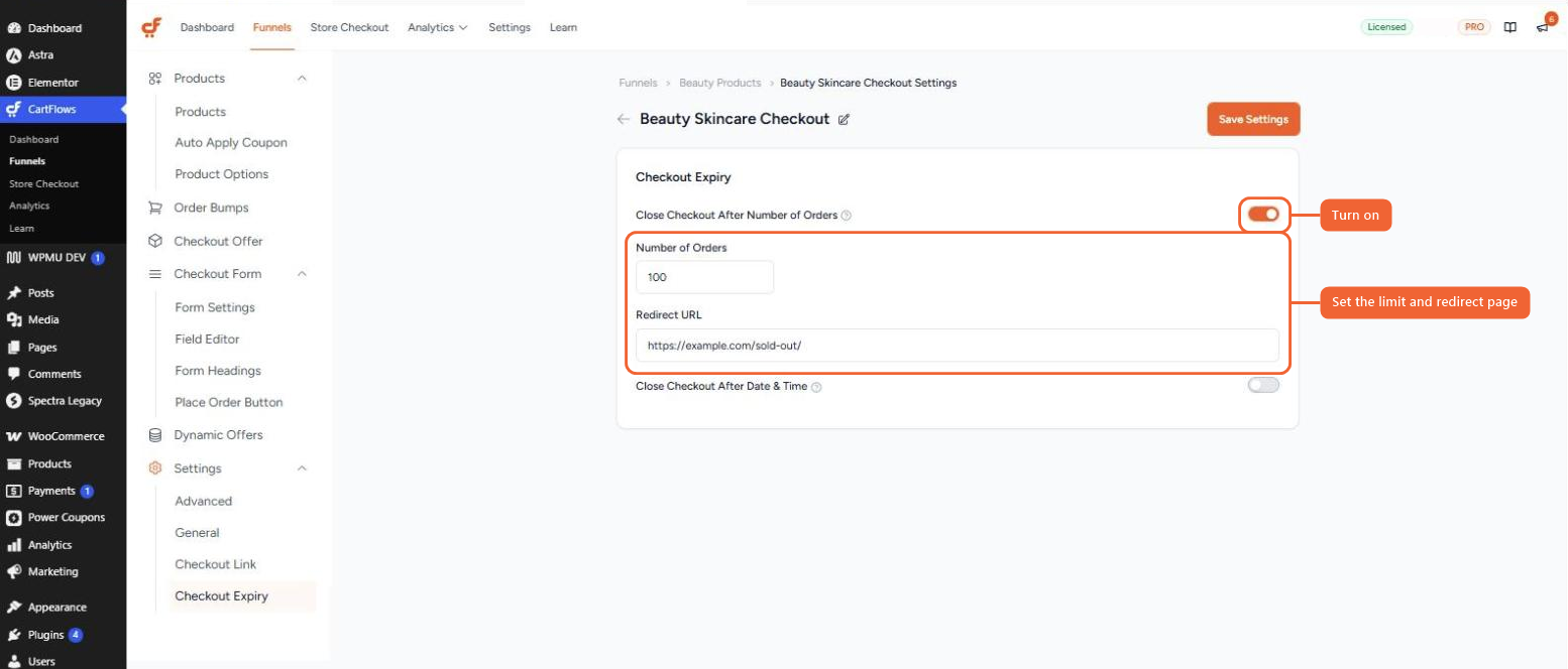 The Close Checkout After Number of Orders option turned on, with 100 orders and a redirect URL filled in