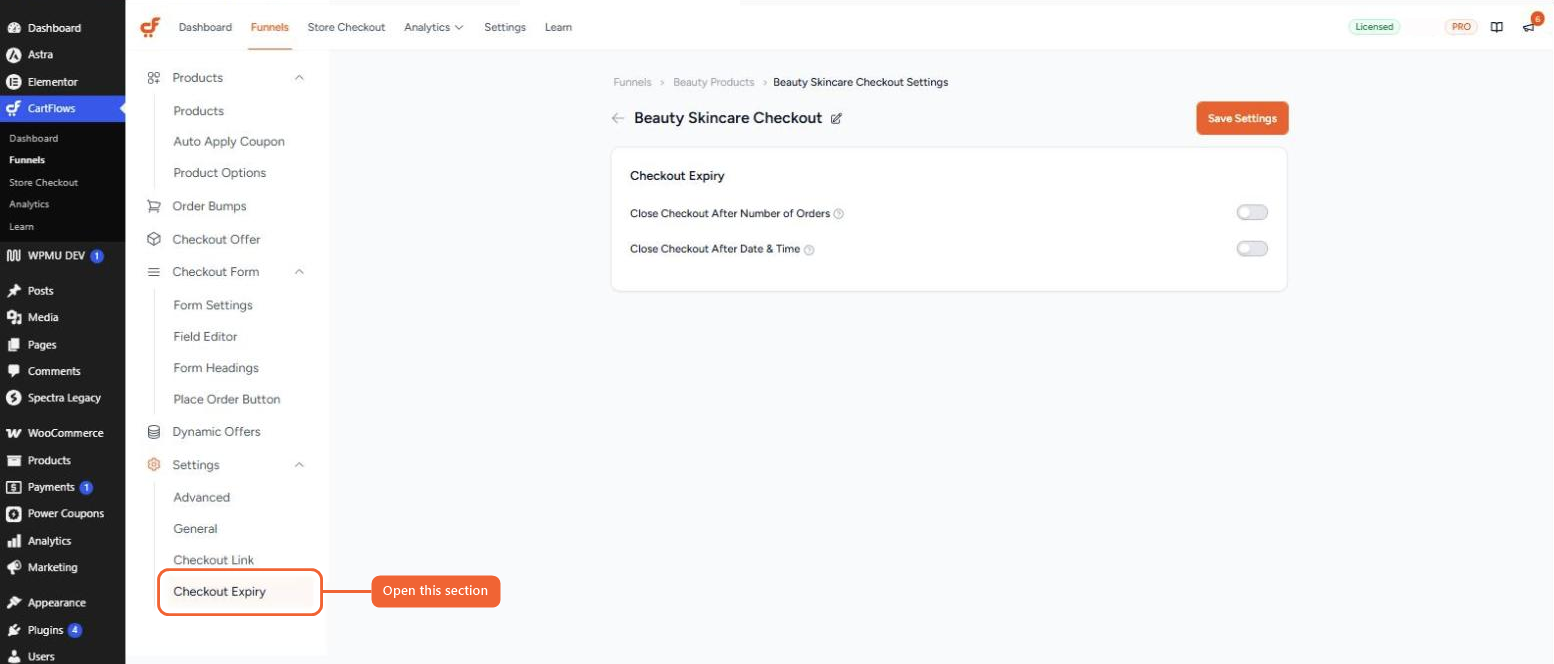 The Checkout Expiry section in the checkout step settings, with both options turned off