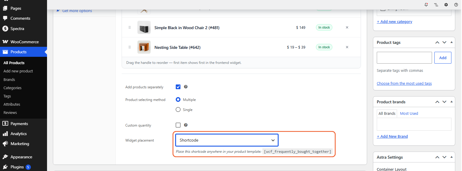 Widget placement set to Shortcode, with the shortcode to add to your product template shown below the dropdown