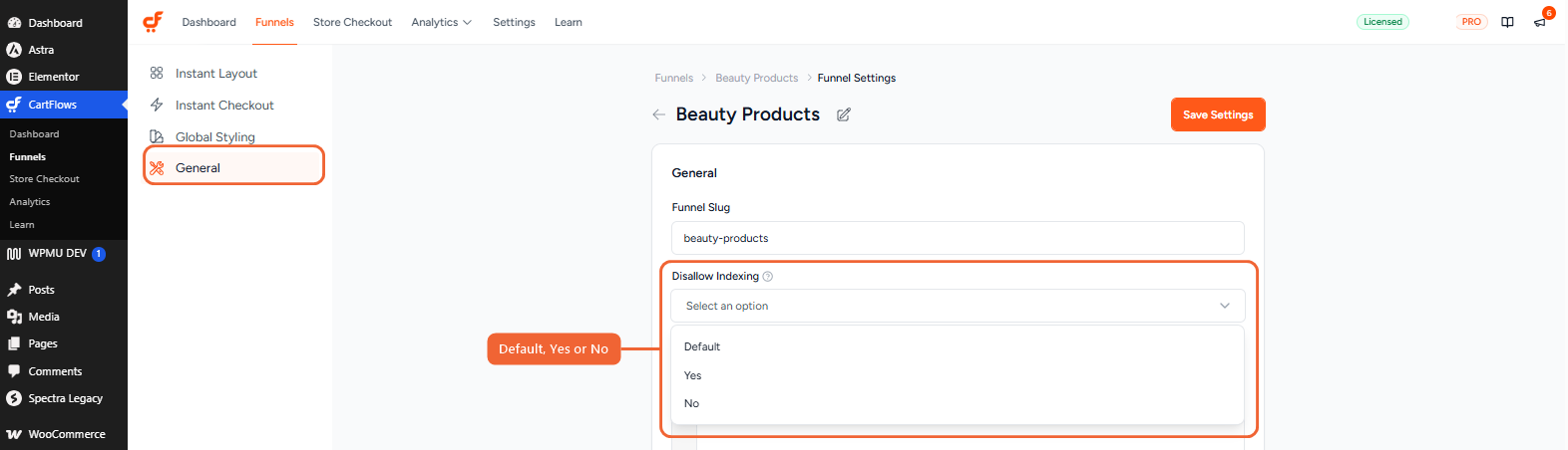 The General tab in Funnel Settings with the Disallow Indexing dropdown open, showing Default, Yes and No