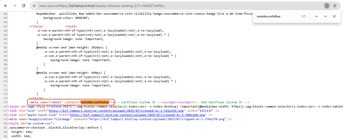The page source of a funnel step with the line containing noindex, nofollow highlighted
