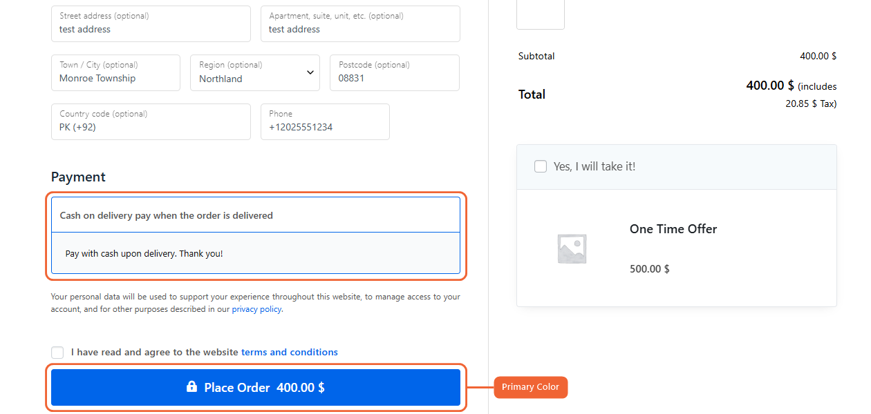 Checkout page using the funnel Primary Color on the Place Order button and payment method