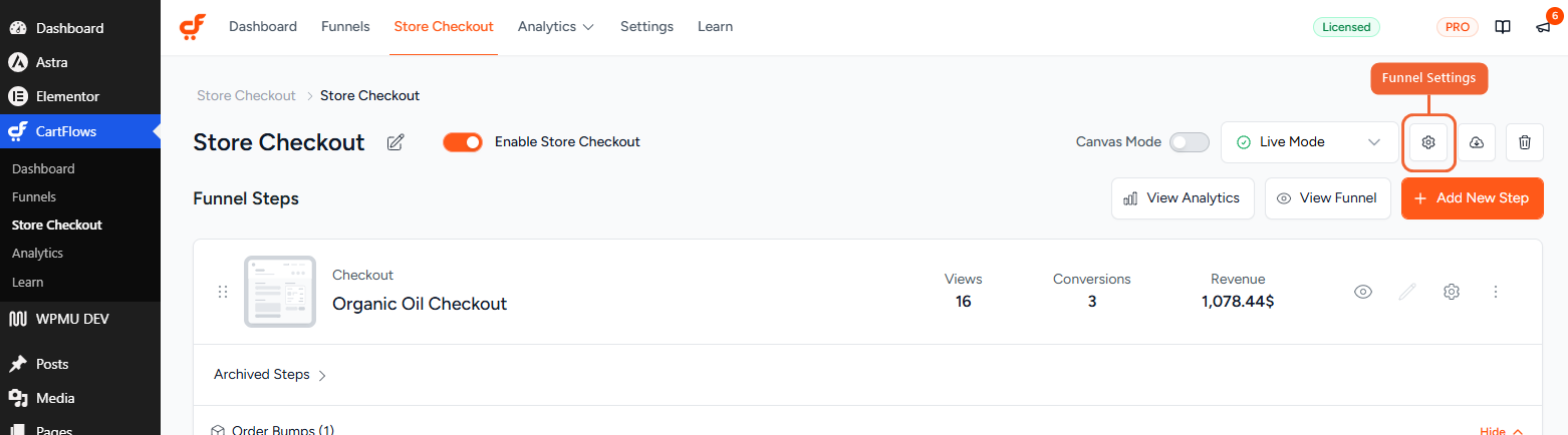Funnel Settings gear icon on the CartFlows funnel page