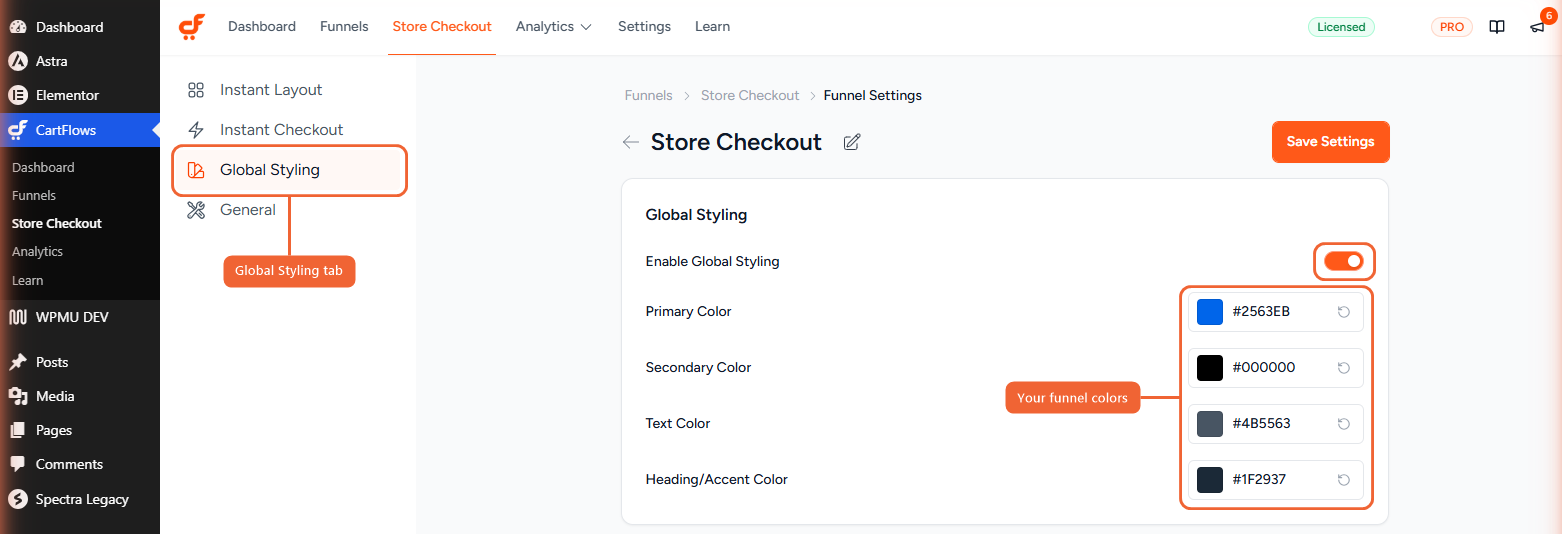 Global Styling tab in Funnel Settings with the four color options