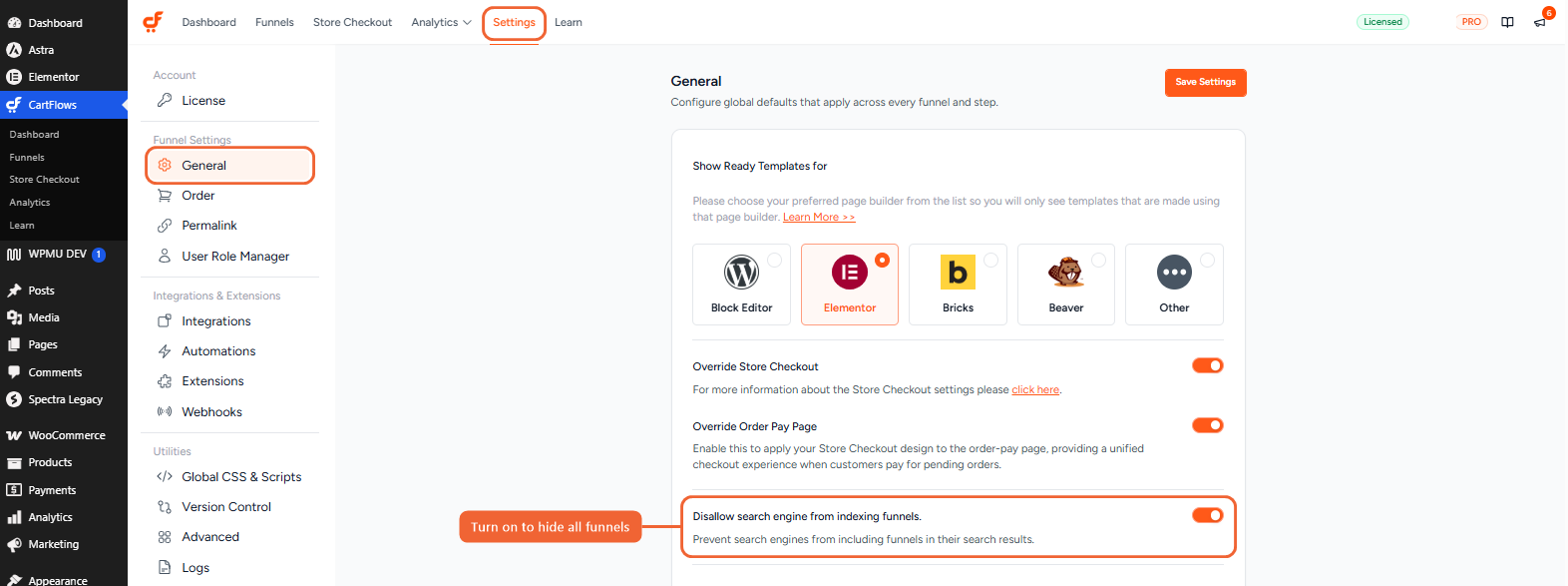 The General tab in CartFlows Settings with the Disallow search engine from indexing funnels toggle highlighted