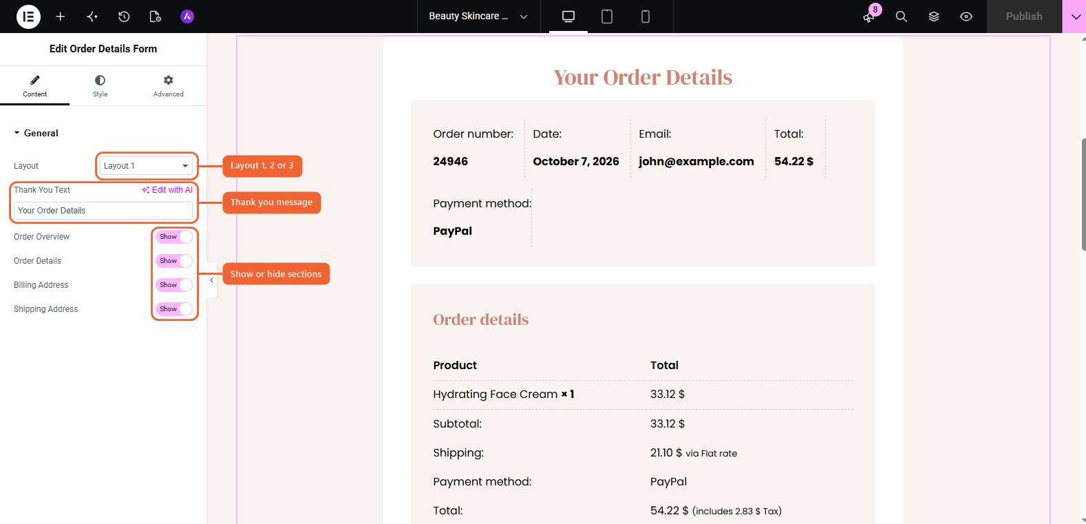 Order Details Form widget settings in Elementor: Layout, Thank You Text and section switches