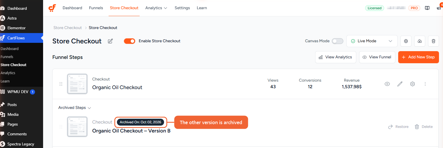 The step after a winner is declared, with the other version listed under Archived Steps