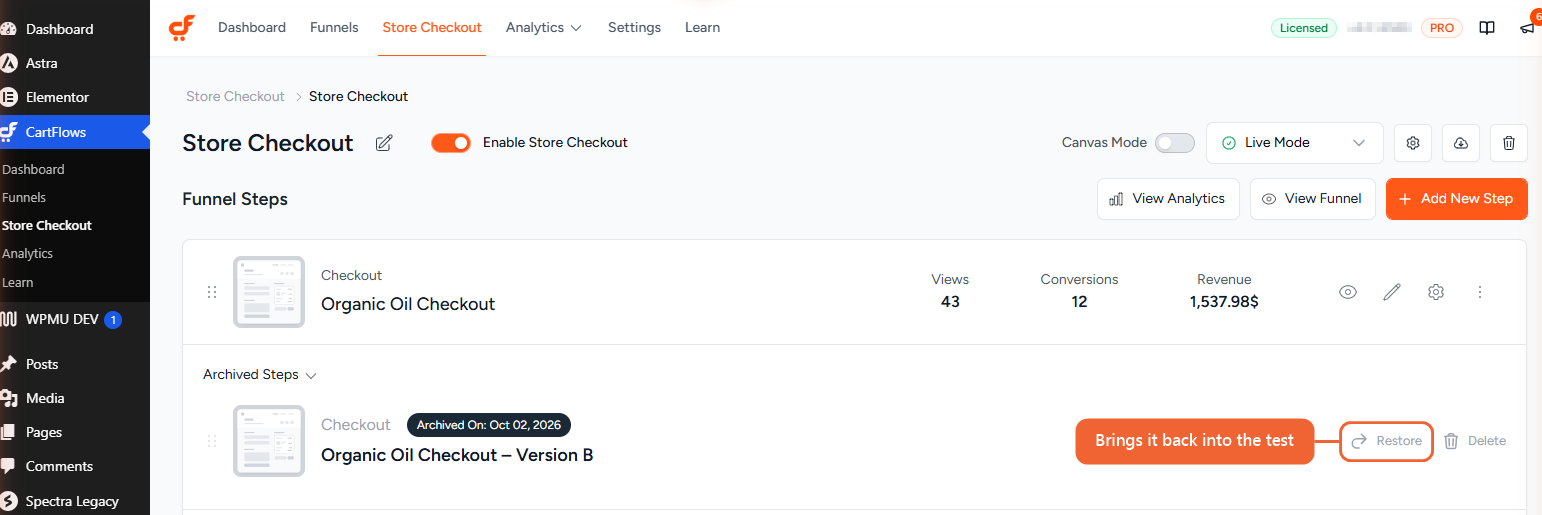 An archived version under Archived Steps, with the Restore button highlighted