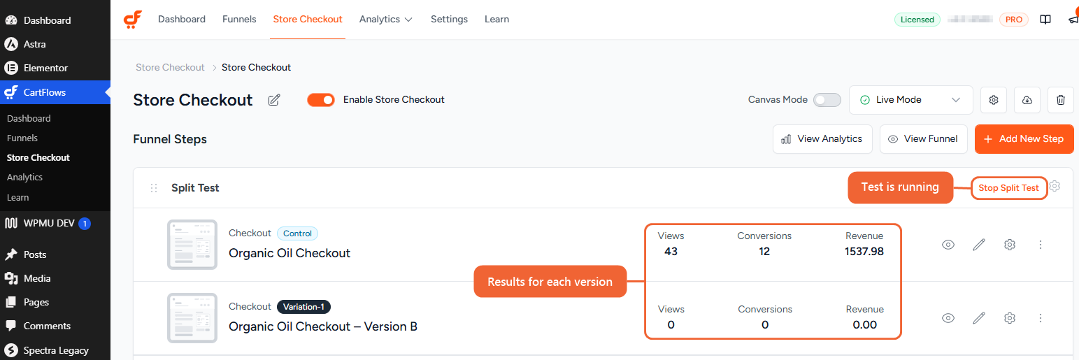A running split test with the Stop Split Test label and separate views, conversions and revenue for each version