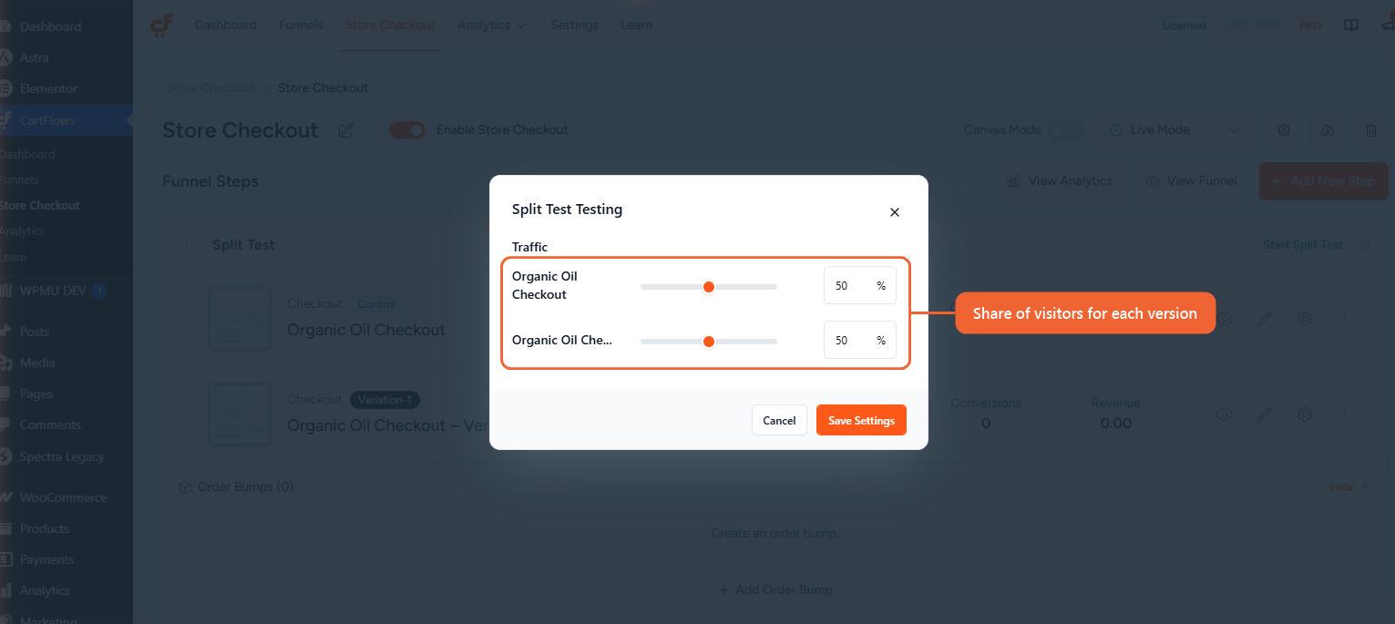 The Split Test settings popup with a traffic slider and percentage for each version