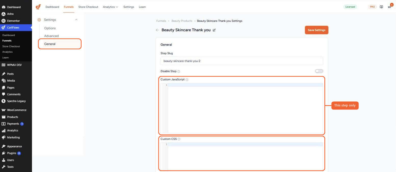 How and Where to Add Custom JS, CSS, and PHP Codes Step settings General tab with the Custom JavaScript and Custom CSS fields
