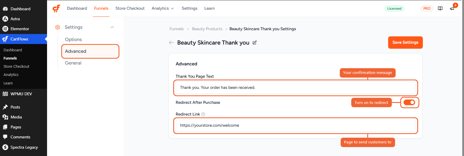 Advanced tab with Thank You Page Text, Redirect After Purchase and Redirect Link