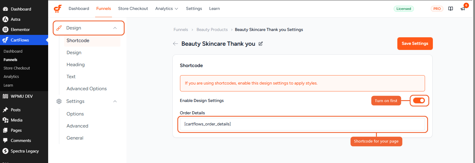 Design tab with Enable Design Settings and the order details shortcode