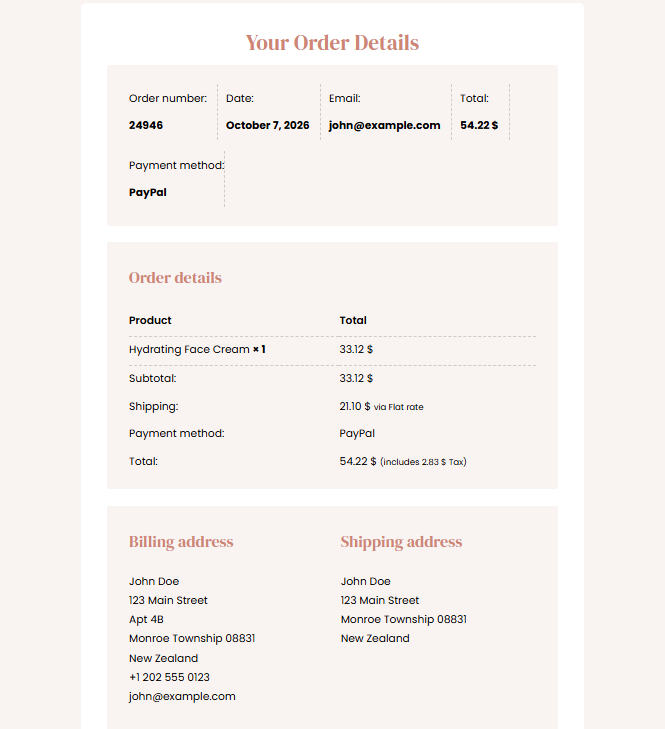 Thank You page order details in Layout 1