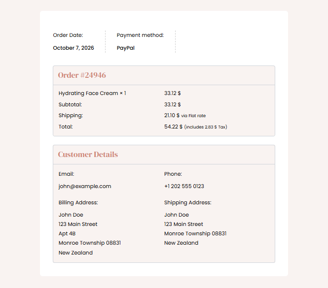 Thank You page order details in Layout 2