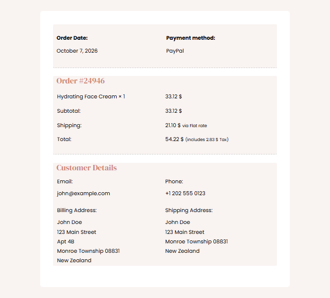 Thank You page order details in Layout 3