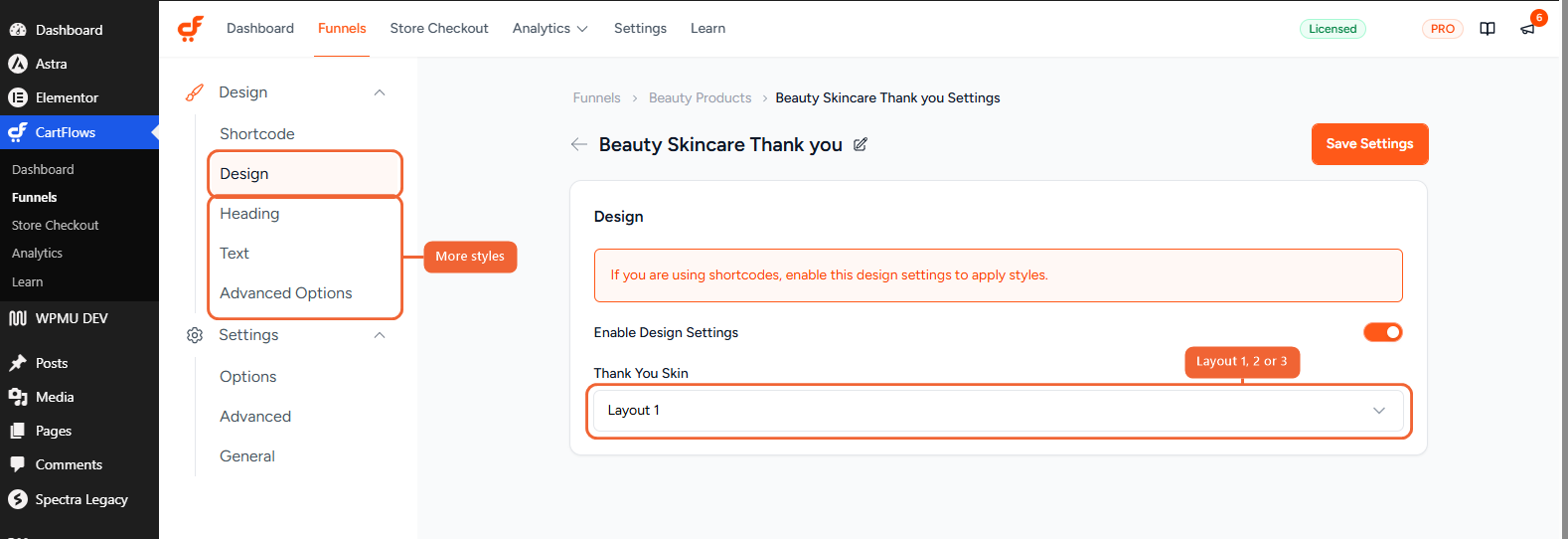 Design tab with the Thank You Skin layout option