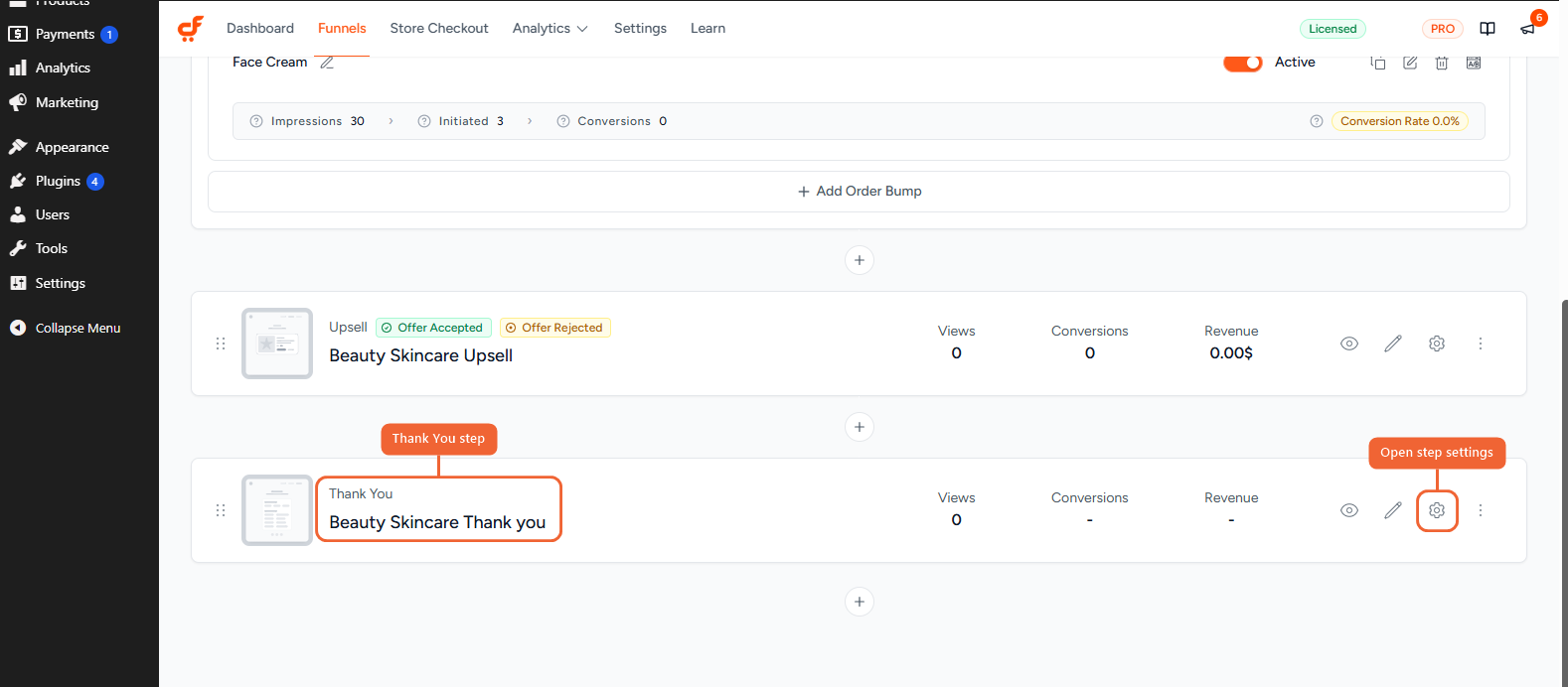 Thank You step and its settings icon in the CartFlows funnel editor