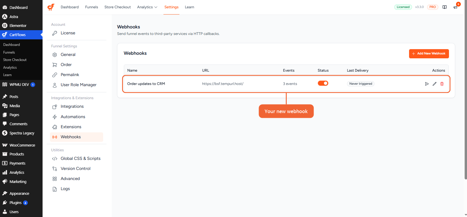 The Webhooks list showing the new webhook with its URL, number of events, Status toggle and Last Delivery