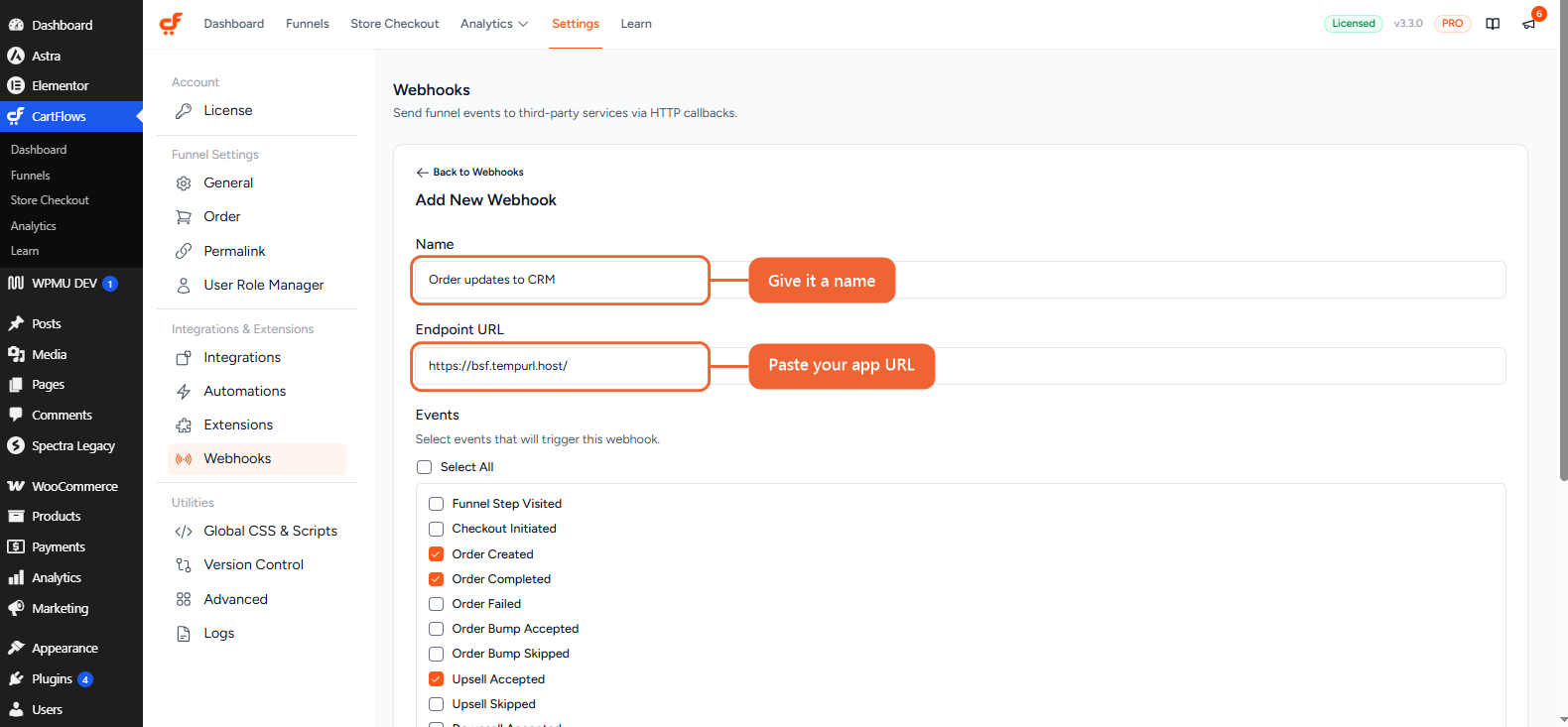 The Add New Webhook form with the Name and Endpoint URL fields filled in