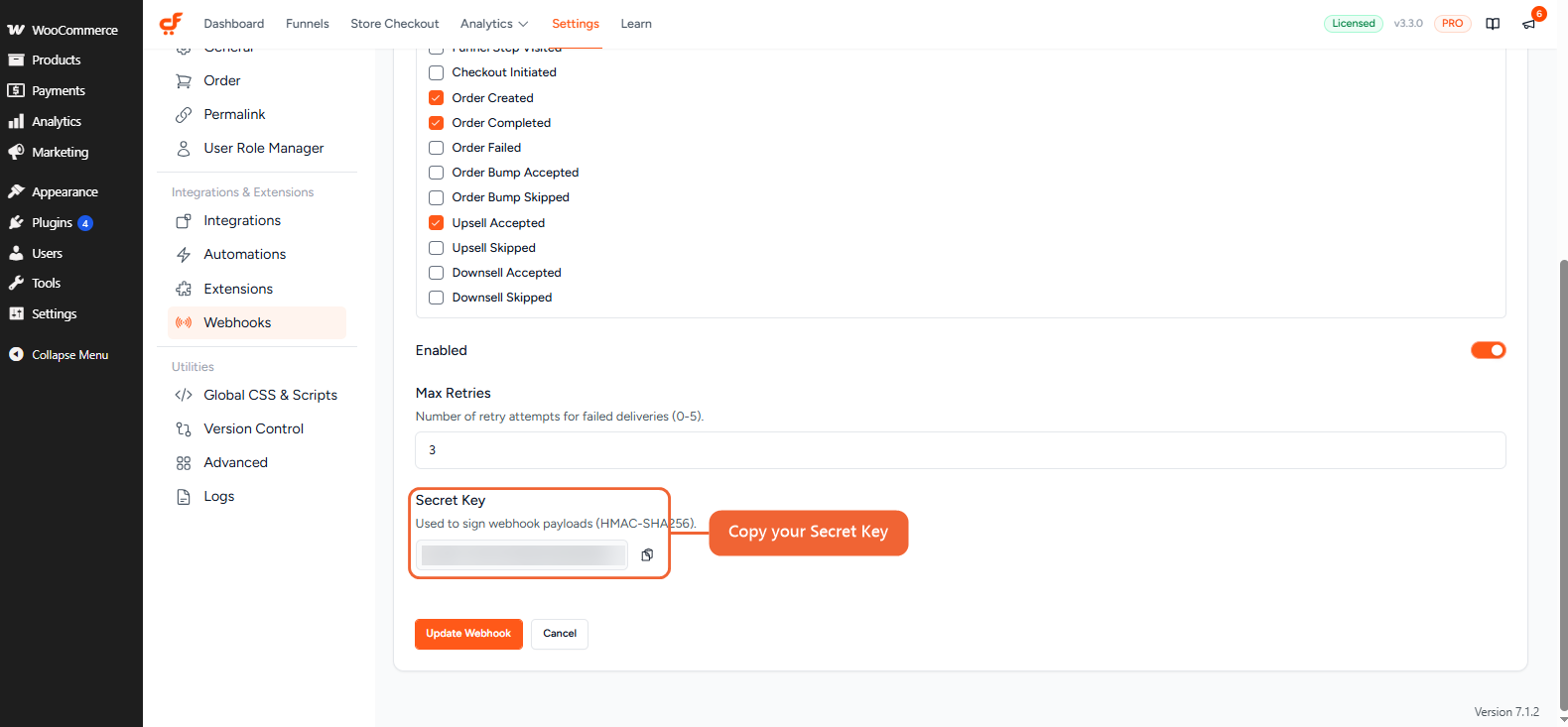 The Edit Webhook form with the Secret Key field highlighted, the key itself blurred