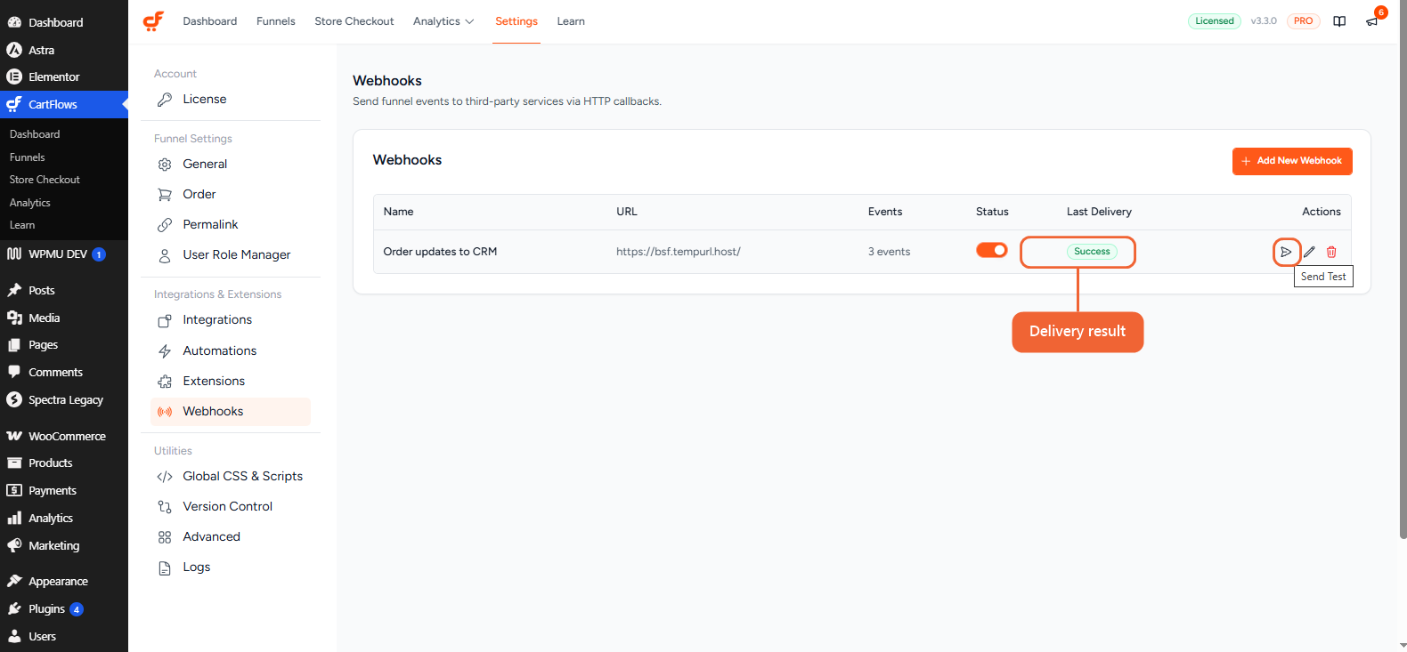 The Webhooks list after sending a test, with the Send Test icon highlighted and Last Delivery showing Success