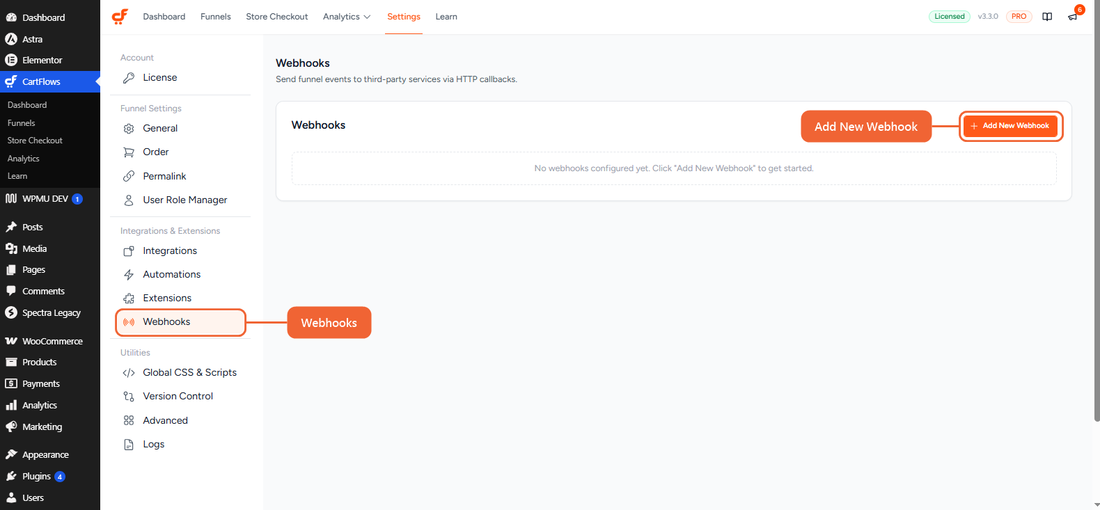 The Webhooks screen in CartFlows Settings, with the Webhooks menu item and the Add New Webhook button highlighted