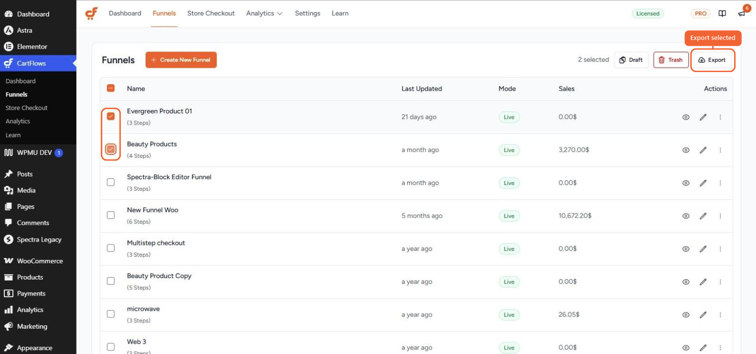 The Funnels list with two funnels ticked and the Export button highlighted in the bulk actions bar
