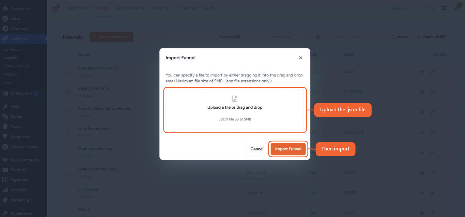 The Import Funnel window with the upload area and the Import Funnel button highlighted