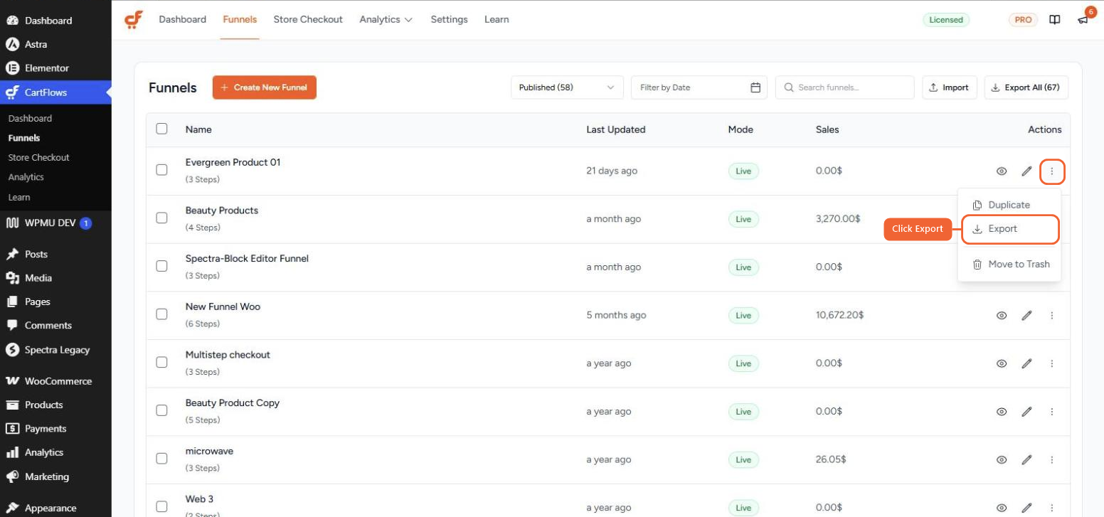 The Funnels list with the three-dot menu open on a funnel, showing the Duplicate, Export, and Move to Trash options