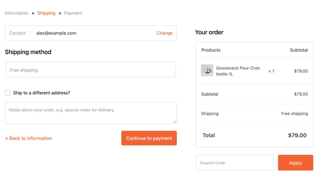 Checkout shipping page displaying order summary for a Gooseneck Kettle and options to continue to payment.