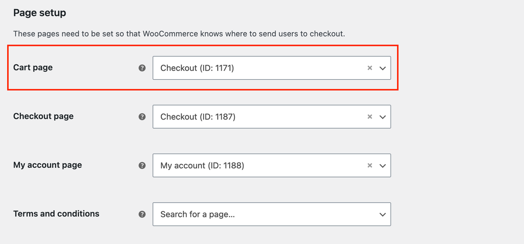WooCommerce page setup screen