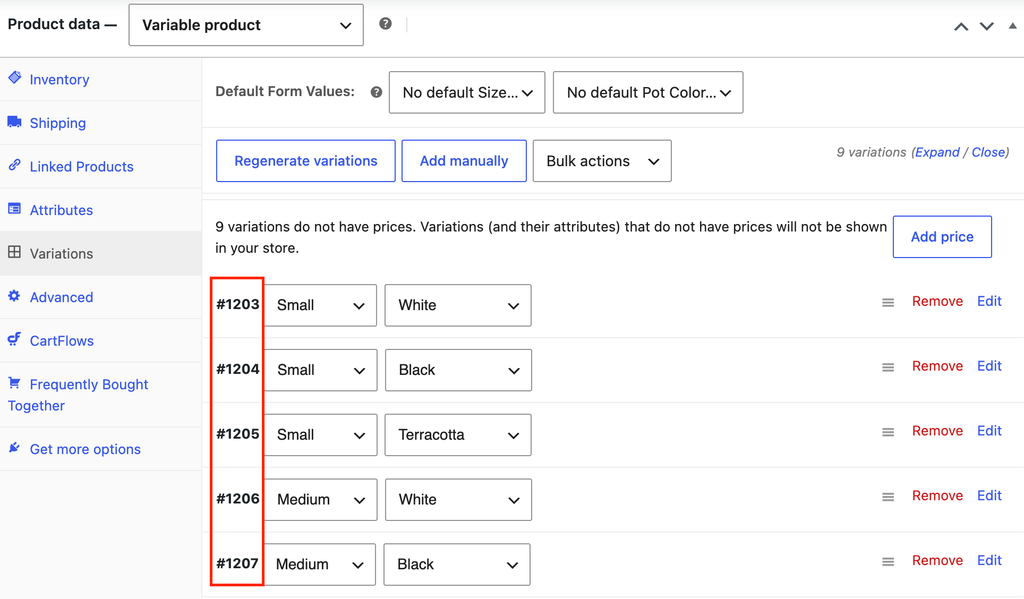 Product variations with IDs