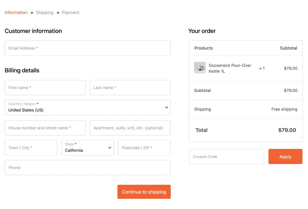 Online checkout page showing customer information form on the left and order summary for a Gooseneck Kettle on the right.