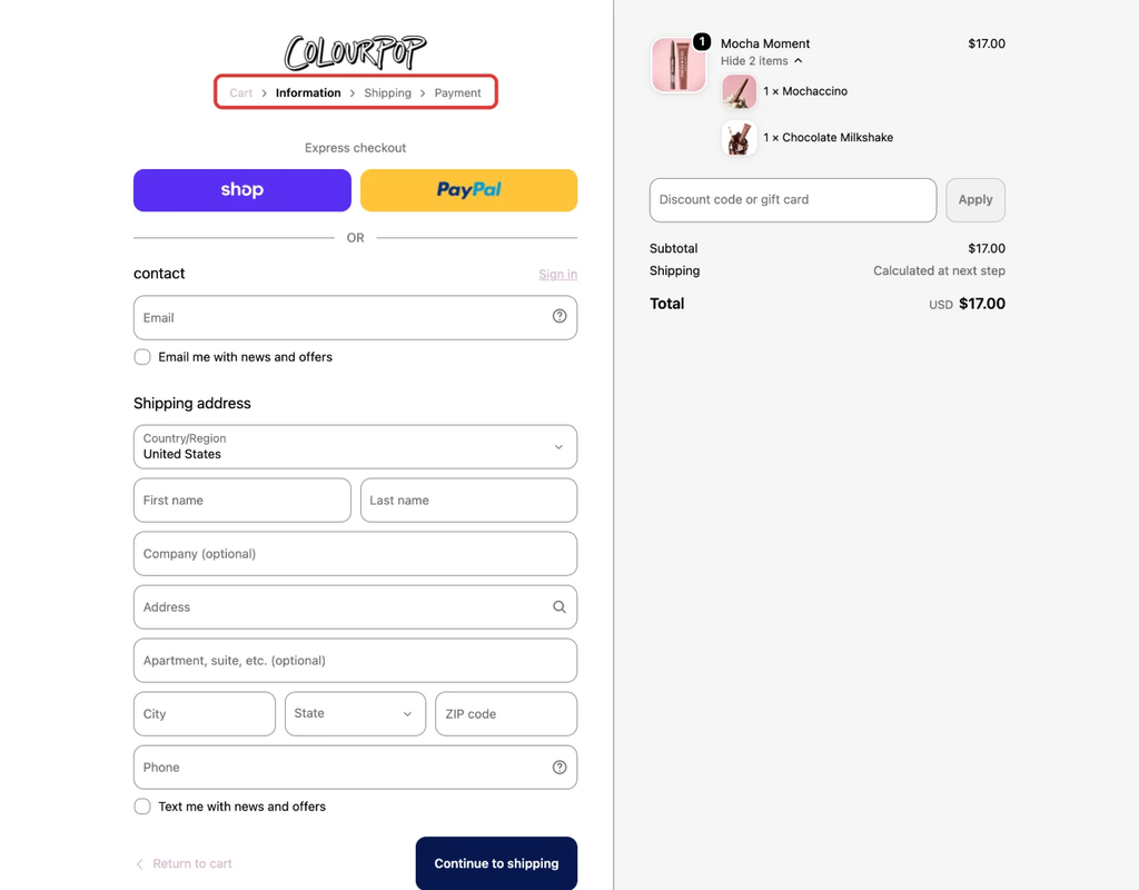 ColourPop checkout page showing contact and shipping address fields alongside an order summary for makeup items.