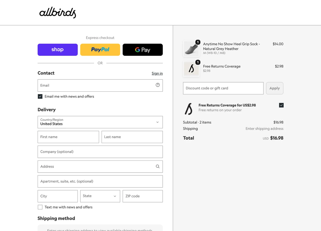 Allbirds checkout page displaying contact and delivery fields alongside an order summary for socks and return coverage.