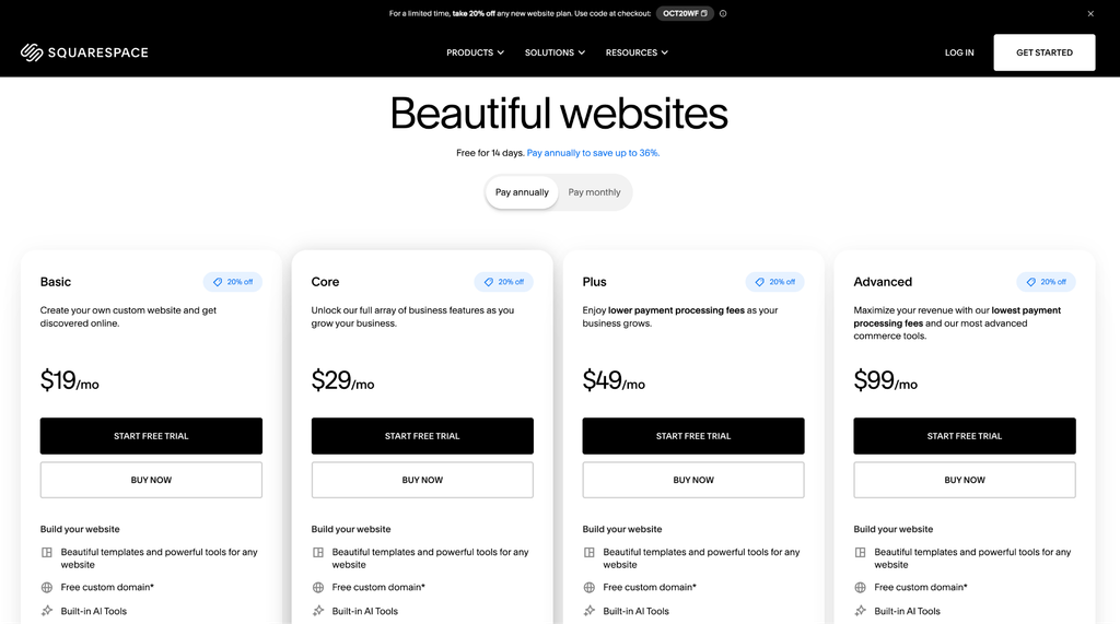 Squarespace pricing page showing the Basic, Core, Plus and Advanced plans