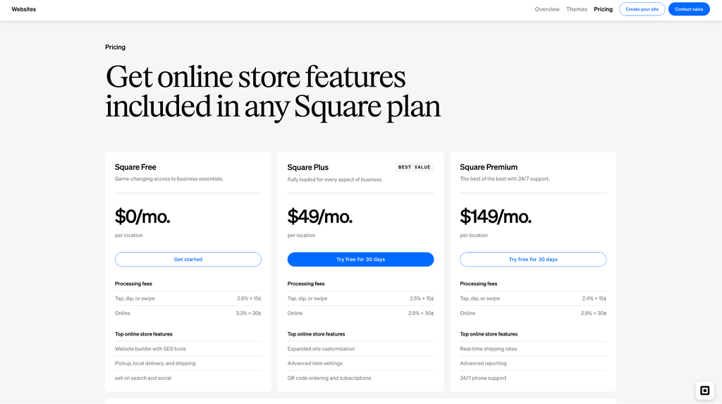 Square plans page showing the Square Free, Square Plus and Square Premium plans