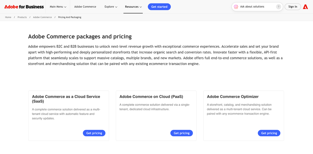 Adobe Commerce product page with a Get pricing button