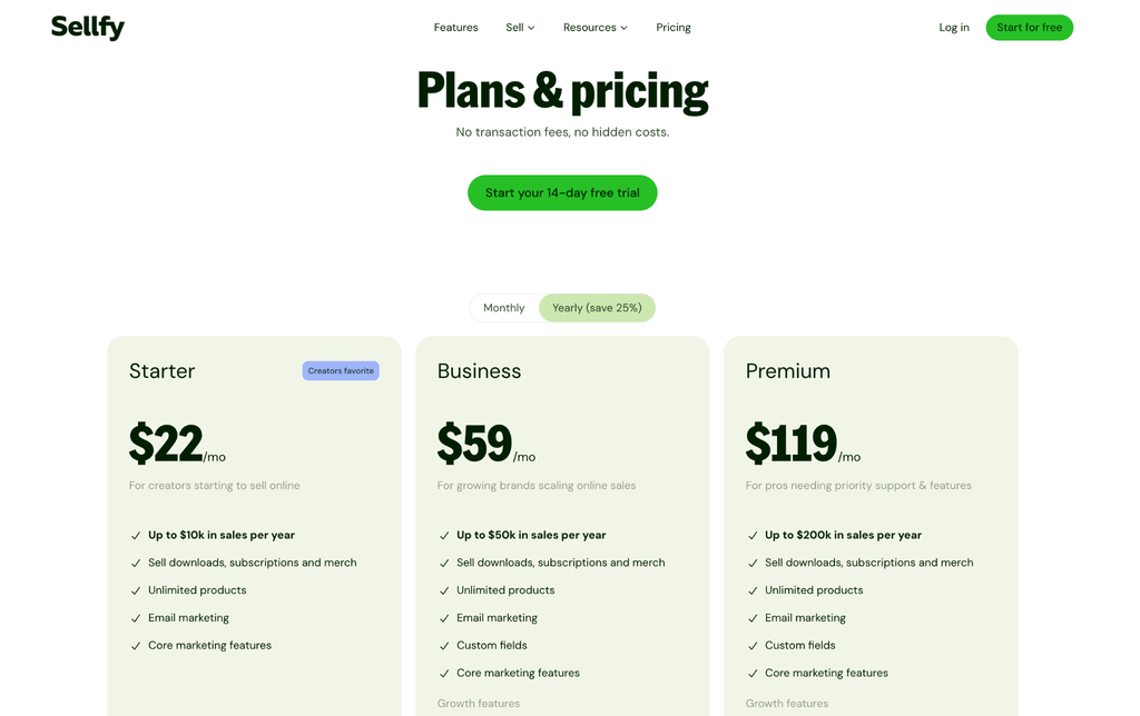 Sellfy pricing page showing the Starter, Business and Premium plans