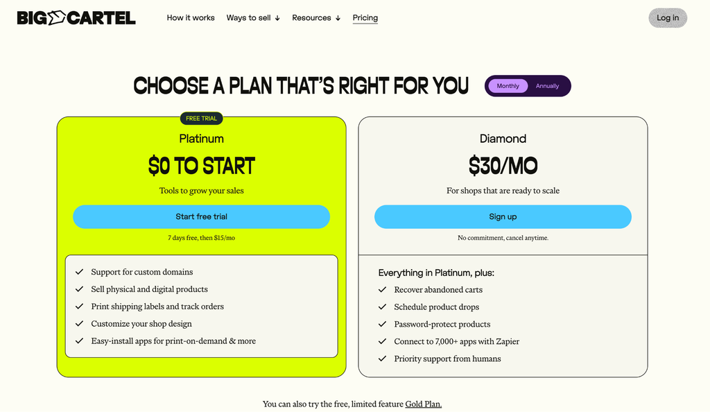 Big Cartel pricing page showing the Gold, Platinum and Diamond plans
