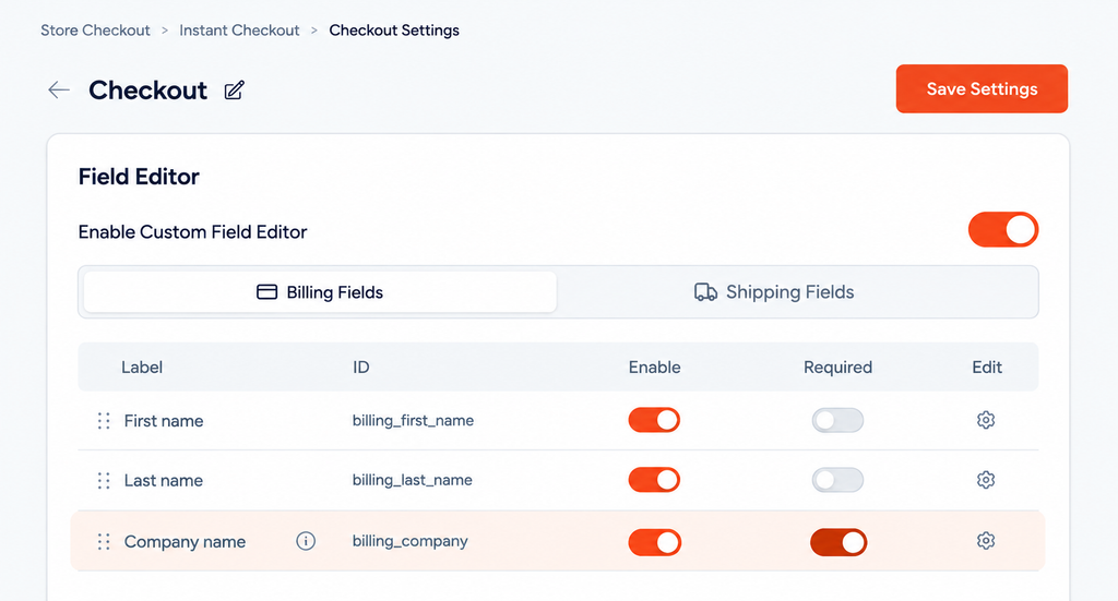Checkout Settings field editor dashboard interface showing toggles to enable or require custom billing fields.