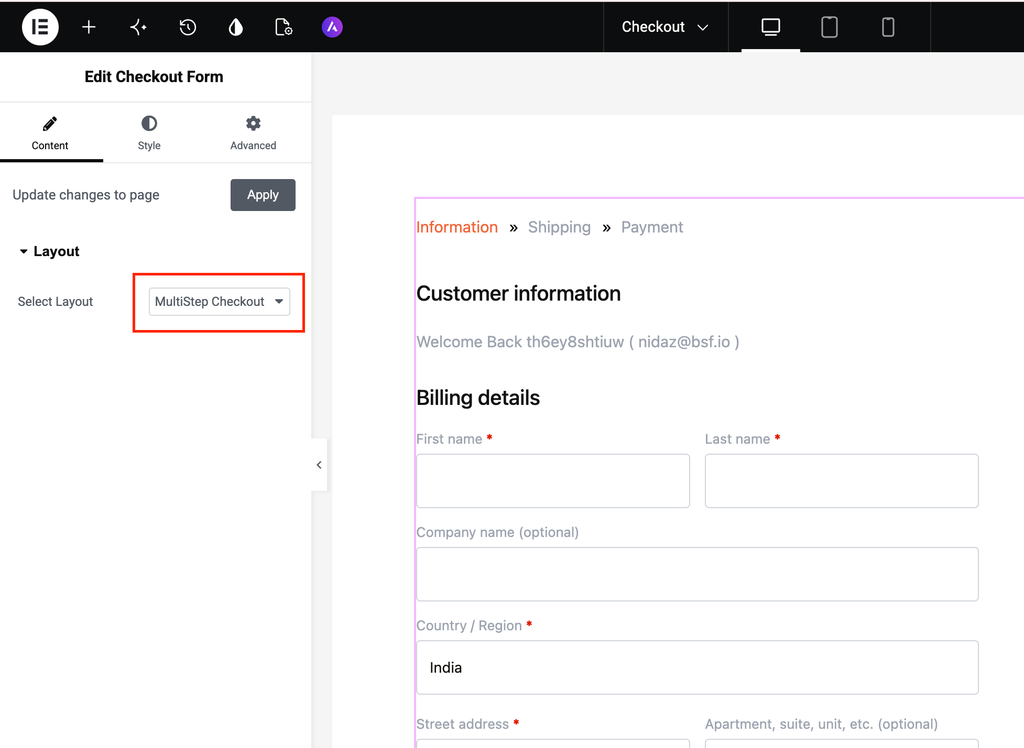 Multistep checkout form Elementor settings.