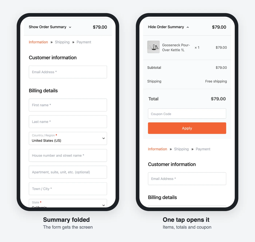 Checkout form showing order summary