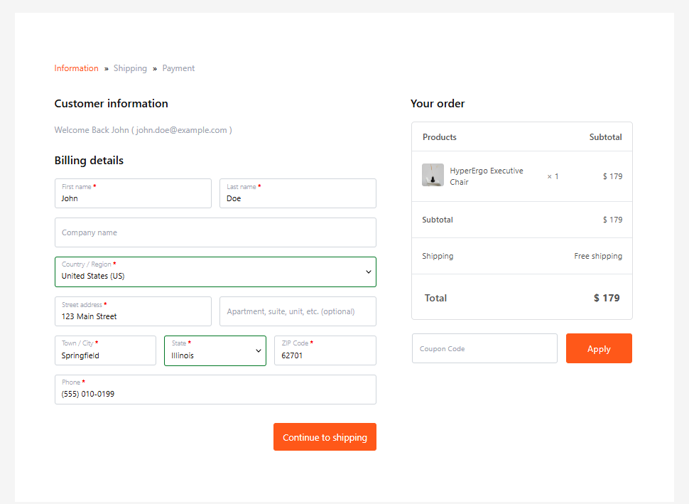 The Information step of Multistep Checkout showing the step bar, billing fields, Continue to shipping button and order summary