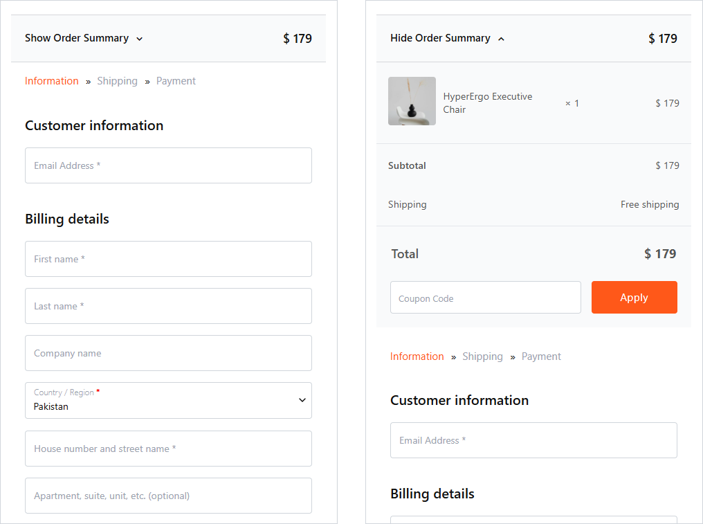 Multistep Checkout on a phone, with the Show Order Summary bar collapsed on the left and expanded on the right
